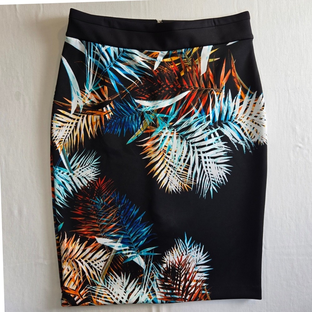 Womens‎ Size 16 Stretch Pencil Skirt Black Palm Leaf Print Career Party Cocktail